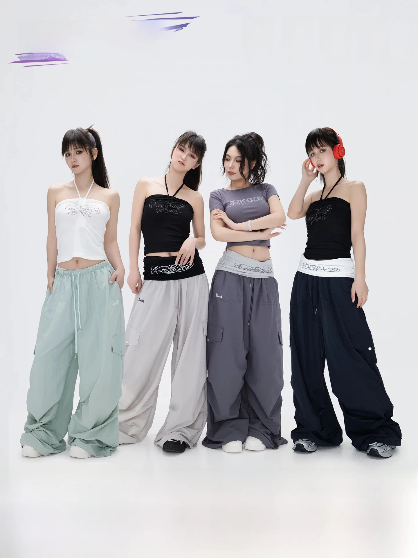 

Street Style Loose Wide Leg Workwear Pants for Women Multiple Pockets Casual Trousers by Rokbbk-K Natural Waist Nylon Fabric