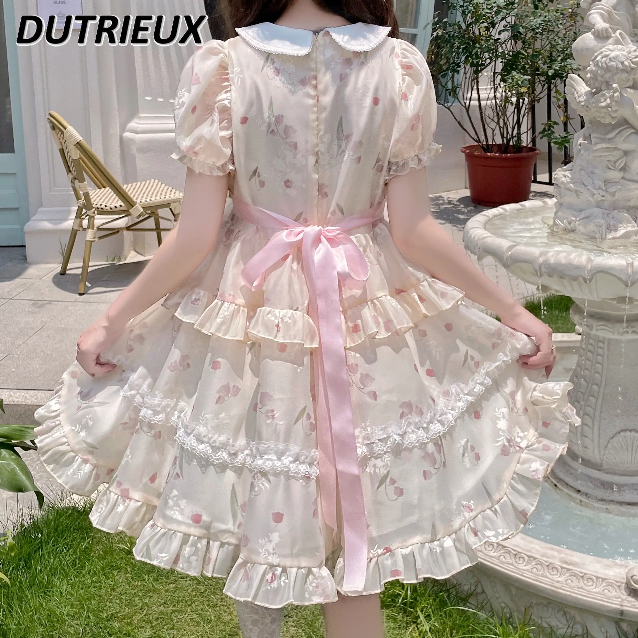 Lolita bonito vestido de colarinho de boneca japonesa, arco de várias camadas, com renda, trabalho pesado, manga folhada curta, vestidos de princesa com aparência jovem, bonito