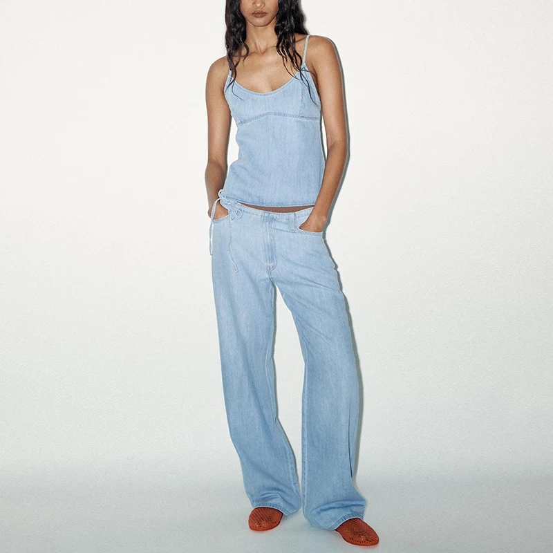 

Z 2025 Summer New Women's Denim Jaet And Tank Top Set round Ne ort Sve Long Pants Faion Outfit Two-Piece Suit
