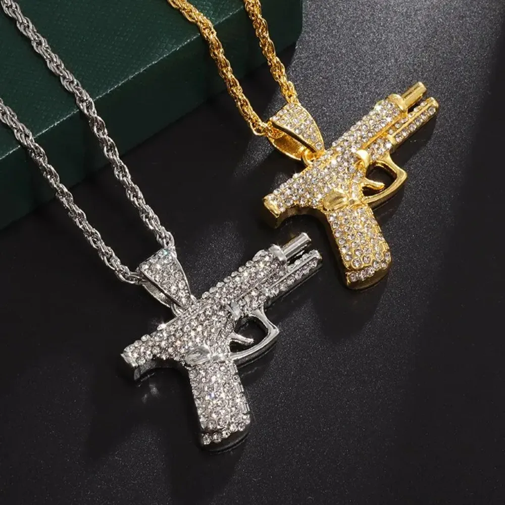 Bling Iced Out Pistol Pendant Submachine Gun Necklace Men Personality Hip Hop Rapper Cool Street Party Jewelry Gifts Accessories