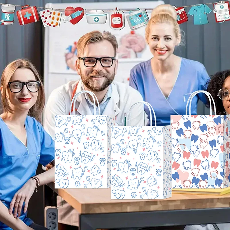 5Pcs Dental Tote Bags For Dental Patients Tooth Cartoon Pattern Dental Goods Gift Bags For Hygienists Dentists Patient Care