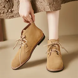 2023 Autumn Cow Suede Women Boots Round Toe Low Heels Boots for Women College Style Lace Up Short Boots Winter Boots Work Boots