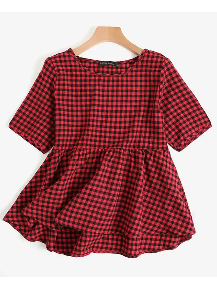 ZANZEA Women Plaid Blouse Summer 2024 Tops Oversized Pleated Shirts Vintage Patchwork A-line Tunics Casual Loose O-neck Blusa