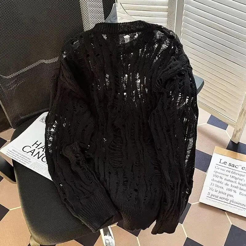 ربيع الخريف الرجال الكورية العصرية عادية تنوعا الجوف ممزق جولة الرقبة محبوك قميص سترة أعلى