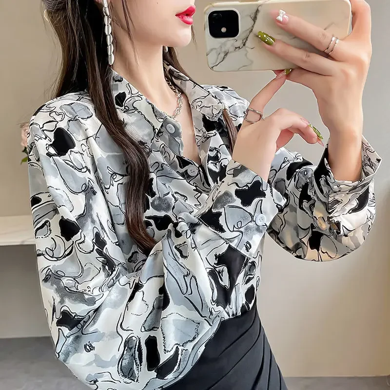 Elegant Lapel Lantern Sleeve Printed Button Chiffon Shirt Oversized Casual Long  Women Clothing Office Lady Blouse X657