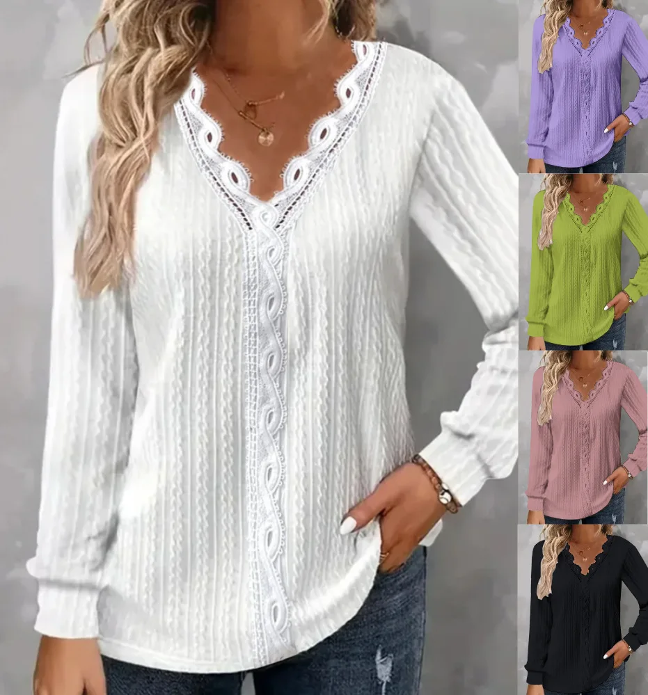 

2023 Autumn New Solid Long Sleeve V-Neck Lace Panel Commuter Elegant Temperament Casual Fashion Comfortable Wild Women's Shirt