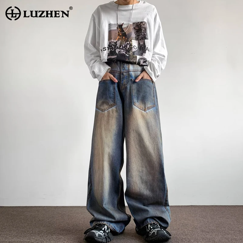 

LUZHEN 2024 Stylish Wornout Design Straight Denim Pants New Men's Personality Trendy Street Wide Leg Jeans Free Shipping LZ2616