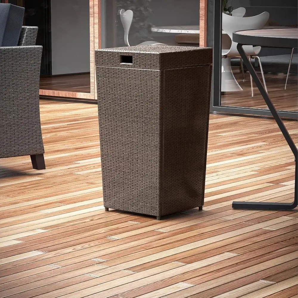 

30 Gallon Brown Wicker Outdoor Trash Can with Lid for Patio Use