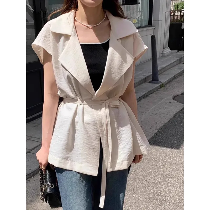 

SuperAen korean style Lace-up Fashion Waist Tops for Women Summer New Casual Notched Solid Color Sleeveless Vests