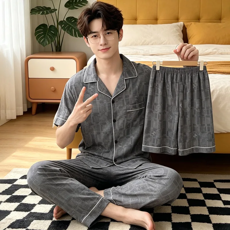 Plus Size Men's Vintage Plaid Pajama Set Short Sleeve 3 Piece Casual Sleepwear Soft Summer Loungewear Homewear Soft Oversized