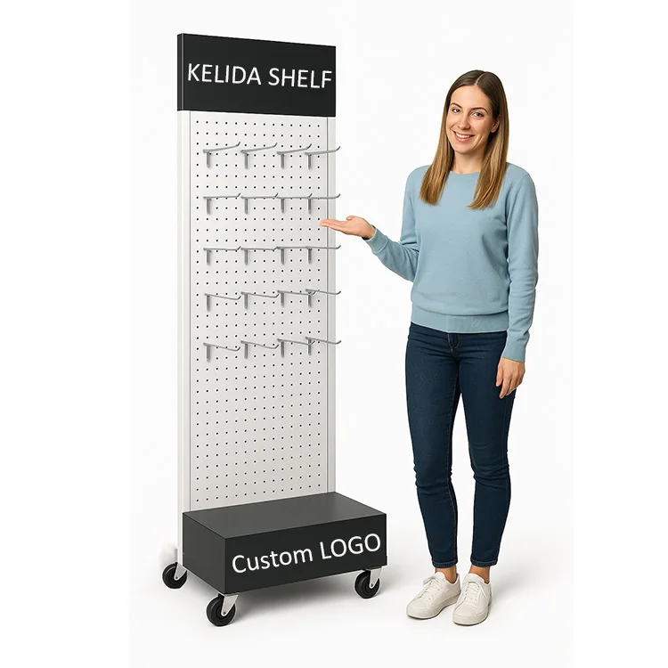 Custom metal peg board display stand with hooks and wheels for storing tools or accessories
