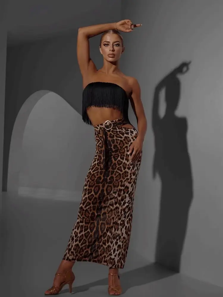 ZYM Latin Dance Leopard Skirt Long Rumba Wear Black Color Sexy Design for Training Practice Performance Dress#2359