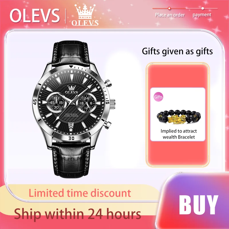 

OLEVS Brand Men's Watches Trend Chronograph Quartz Watch Leather Strap Calendar Waterproof Luminous Watch for Male Original