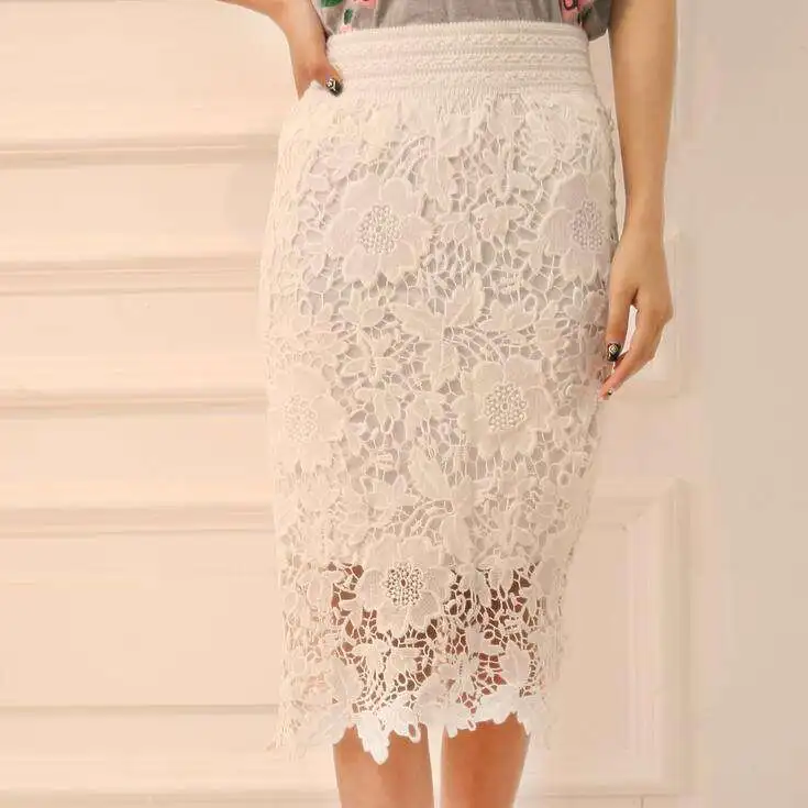 

Ele High Waist Midi Skirt Hollow out Lace Silk Blend Loose Fit Women's Spring Summer Autumn Faion Ci Walk Skirt