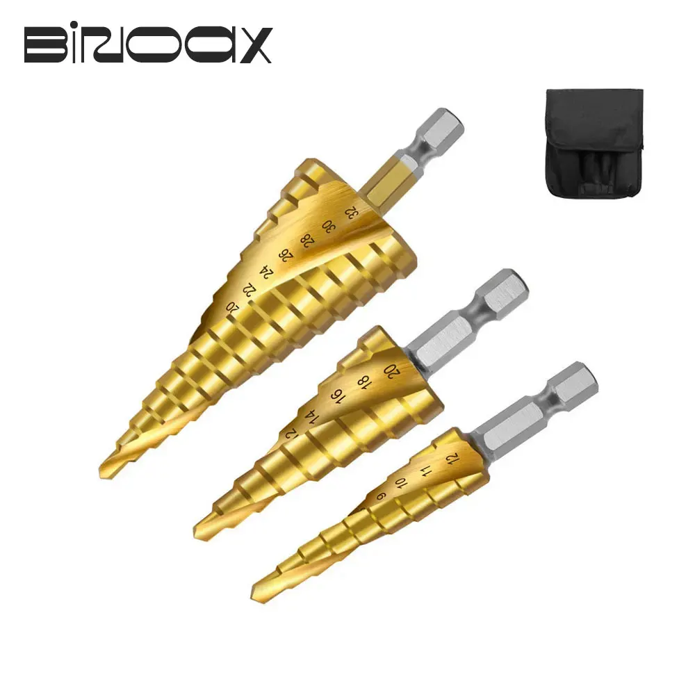 3Pcs Step Drill Bit Set HSS Titanium Coated Metal Wood Hole Cutter Cone Drilling Tool 4-32mm 4-20mm 4-12mm