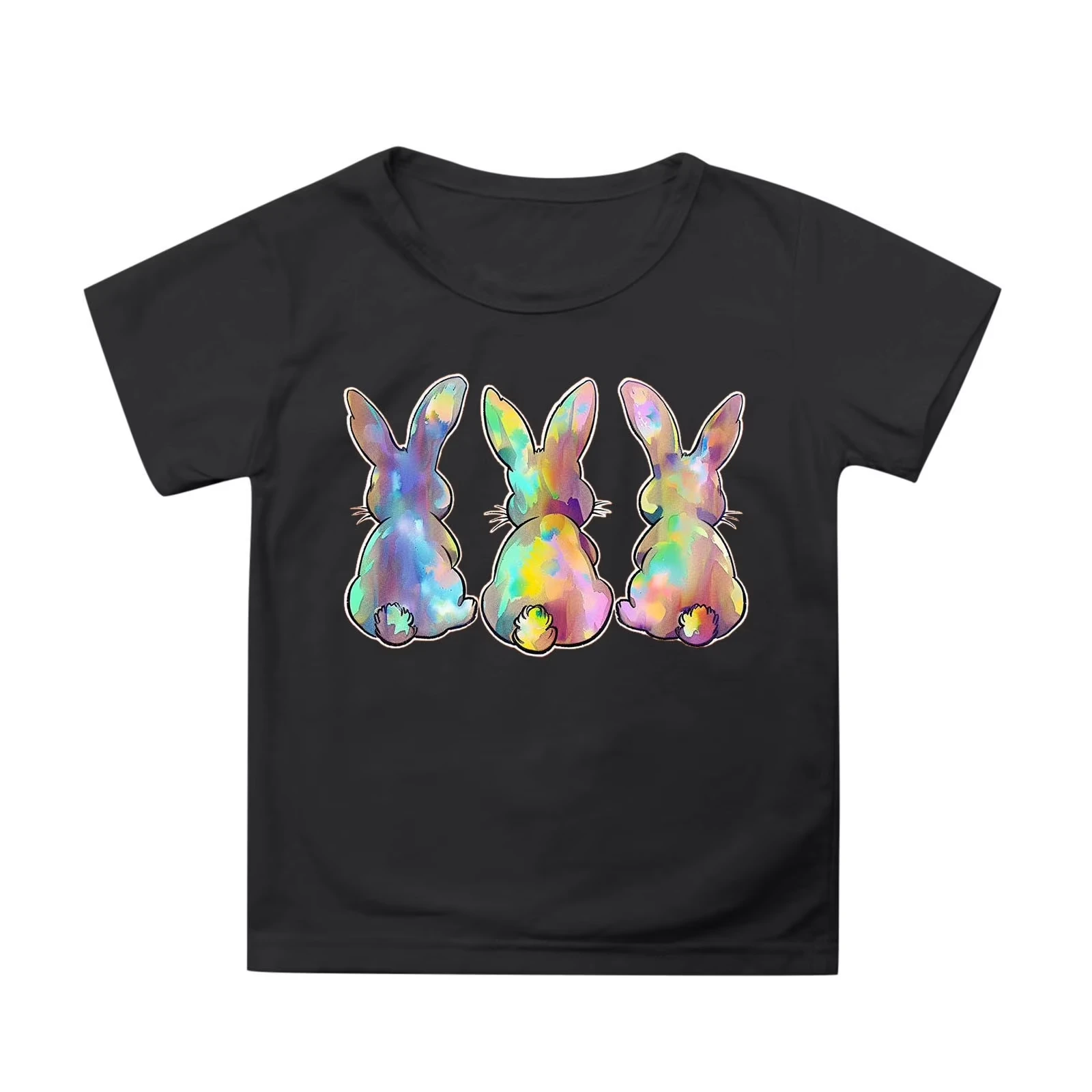 تي شيرت رجالي برسومات أرنب عيد الفصح النيون - أسود مع طباعة باستيل أخضر ووردي فضفاض وأكمام قصيرة ورقبة دائرية