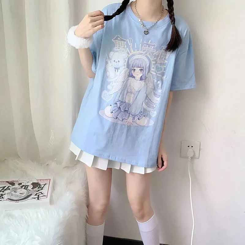 Janpanese Girl Anime Printed T-Shirt Summer Cartoon Pattern Y2k Tops Women Baggy Clothes Two-dimensional Streetwear Kawaii Tees