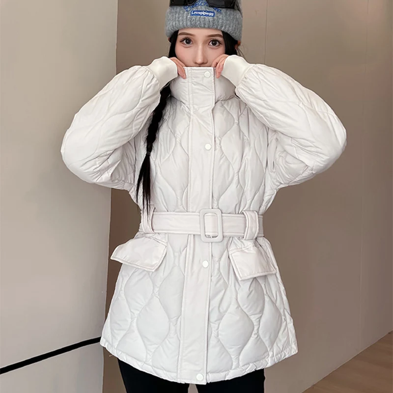 

Streetwear Adjustable Waist Parkas Women Fashion Stand Collar Cotton Jacket Woman Pockets Long Sleeve Cotton Coats Female