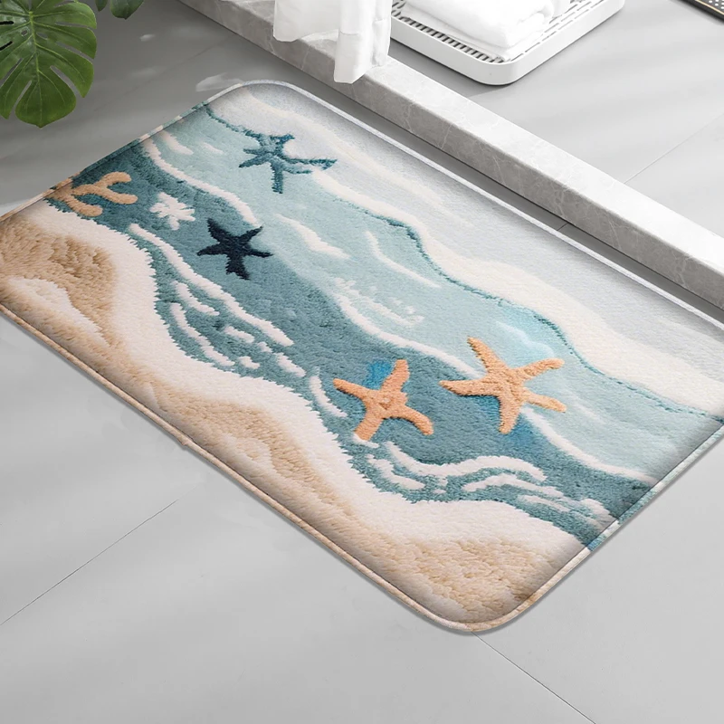 Sea Star Printed Floor Mat, Bathtub Absorbent Foot Mat, Shower Room Small Carpet, Bathroom Door Mat, Soft and Comfortable
