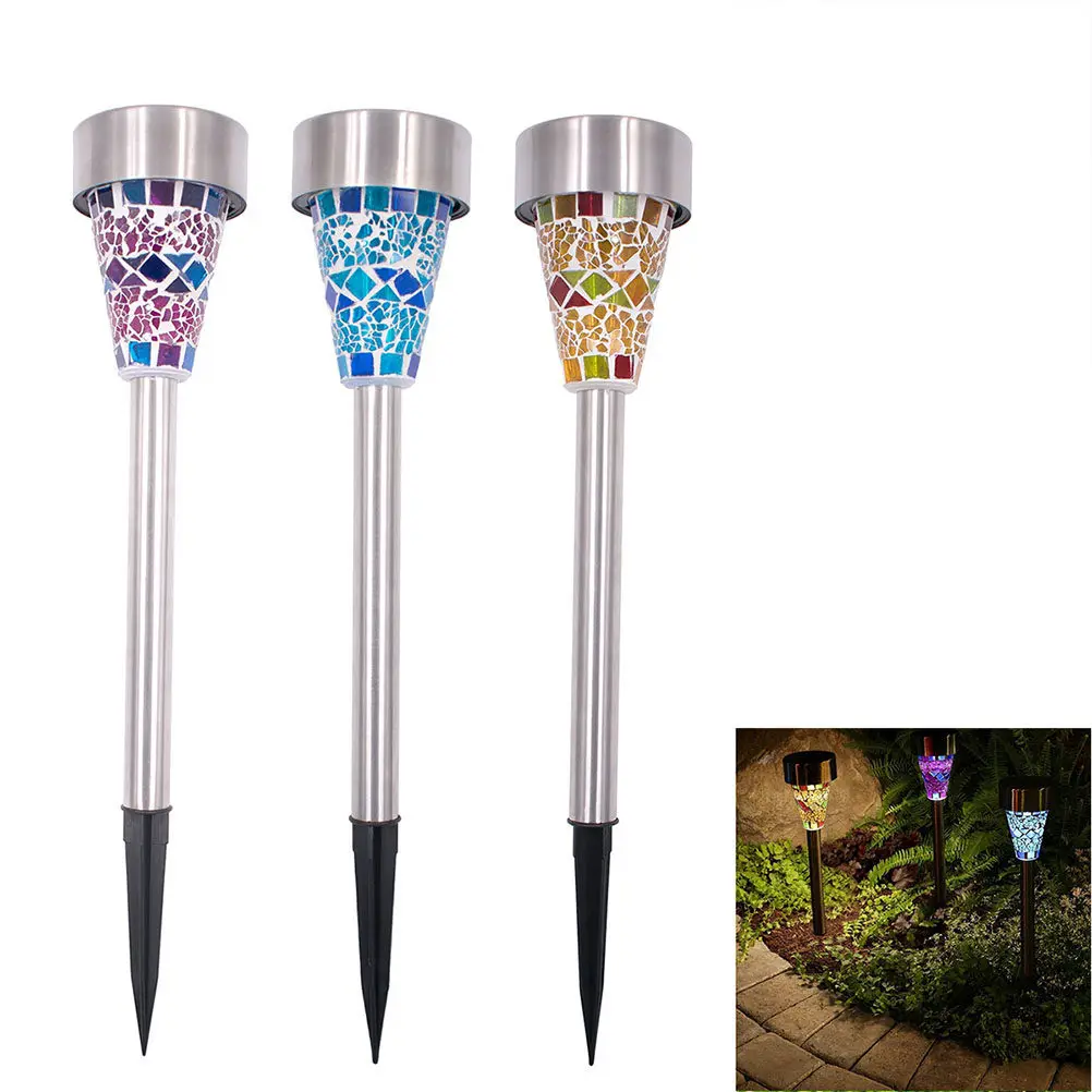 3Pcs Solar Powered Mosaic LED Lawn Lamp Stainless Steel Outdoor Garden Pathway Light Weatherproof Landscape Decor Romantic Night