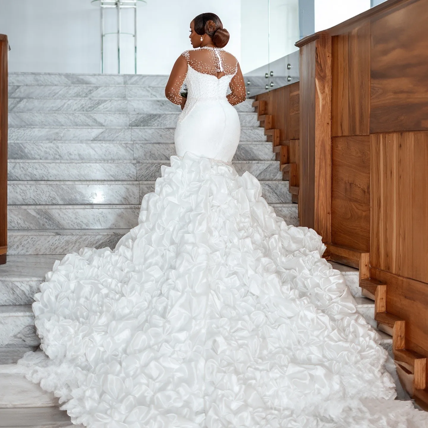 

African Mermaid Wedding Dress Bridal Gowns For Bride Sheer Neck Long Sleeves Beaded Pearls Ruffles Train Vestidos De Noiva