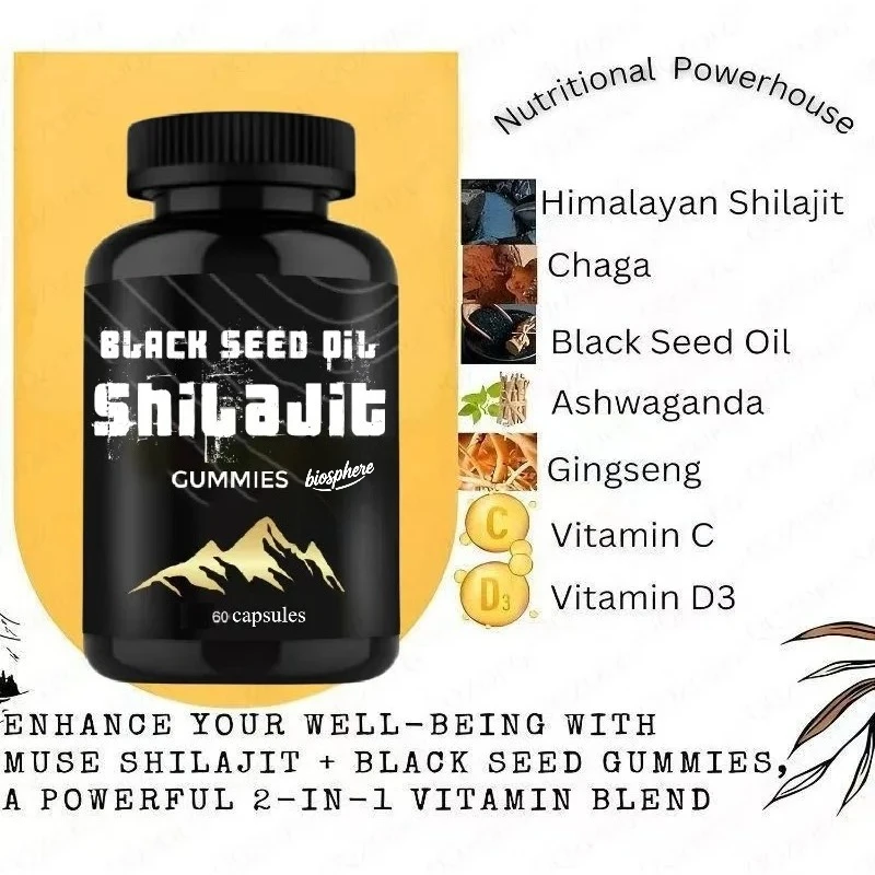 Pure Shilajit capsules for men and women, Shilajit black seed oil, high-efficiency pure Himalayan, energy, immune health support