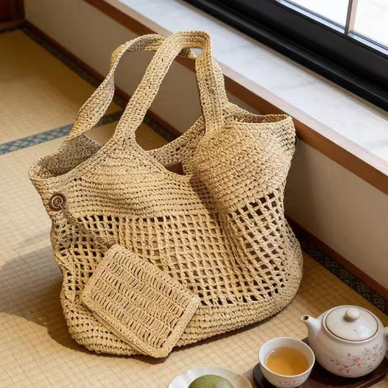 

French Handmade Straw Shoulder Bag, 2in1 Hollow Out Large Capacity Casual Bucket Bag Beach Woven Underarm Bag Stylish Travel Bag
