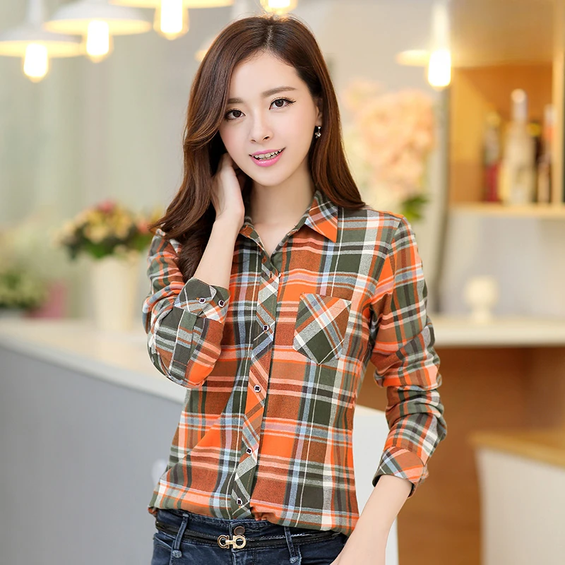 New in shirt 100%cotton long-sleeve shirts for women slim fit shirt elegants plaid tops fashion soft clothes streetwear blouse