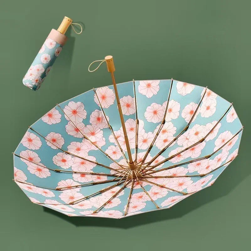 16K Color Coating Fresh Flower Umbrella Sun and Rain Folding Parasol Sunscreen Umbrella for Women Sunshade Sun and UV Protection