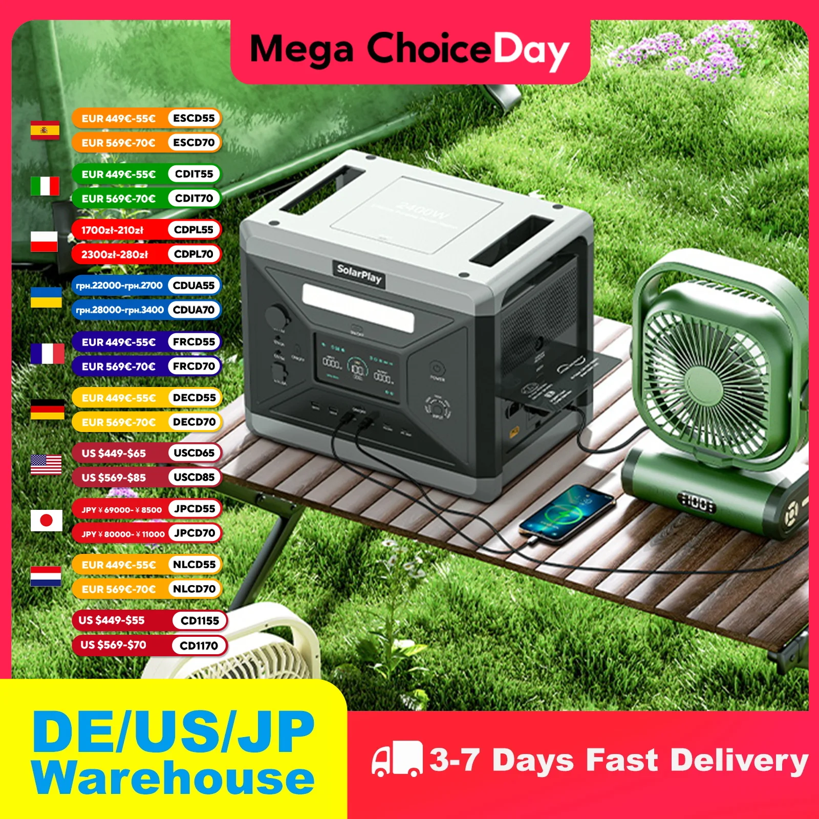 

Энергостанция SOLARPLAY 2400 Вт Q2501, портативный аккумулятор, аккумуляторные батареи, 400 Вт, гибкая солнечная панель для аксессуаров для кемперов