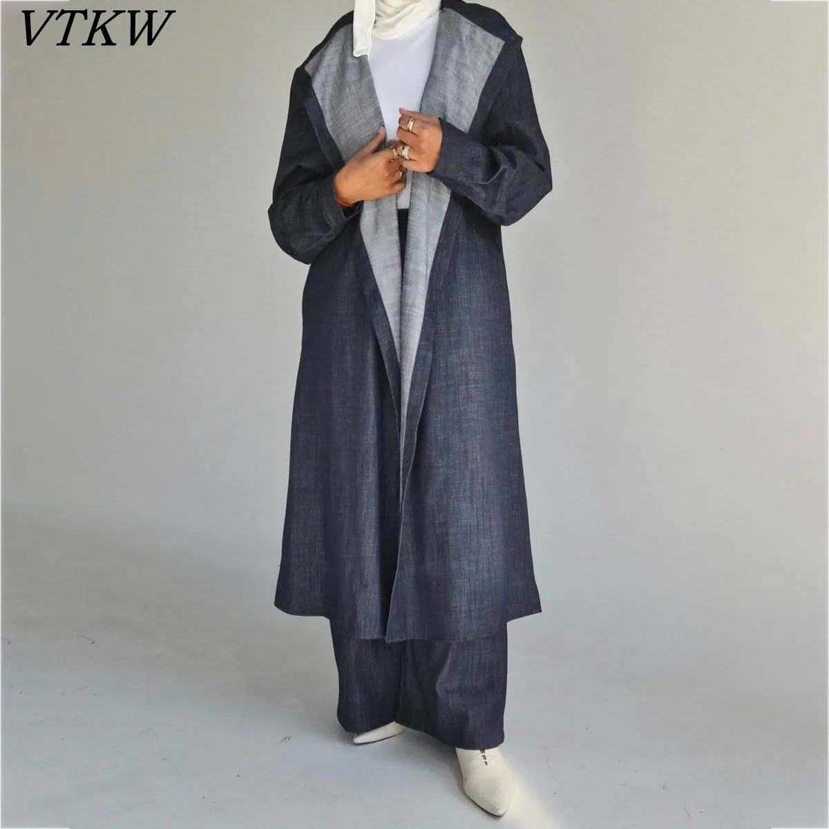 

VTKW Two-piece Set Of High-quality Long Coats With A Pure Color Plaid Collar Design Featuring Modern Look 2025 Spring Season.