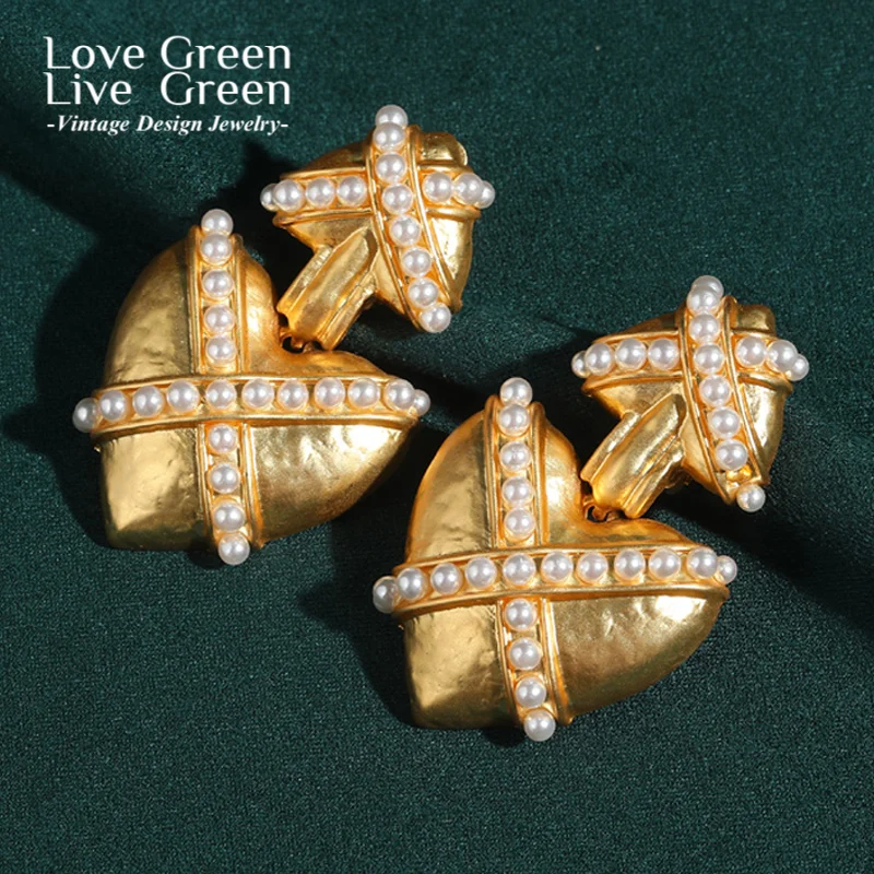 

Vintage Cross Heart Drop Earrings Antique Gold Color Pearl Large Luxury Designer Jewelry Love Gifts For Woman Valentine Day 2025