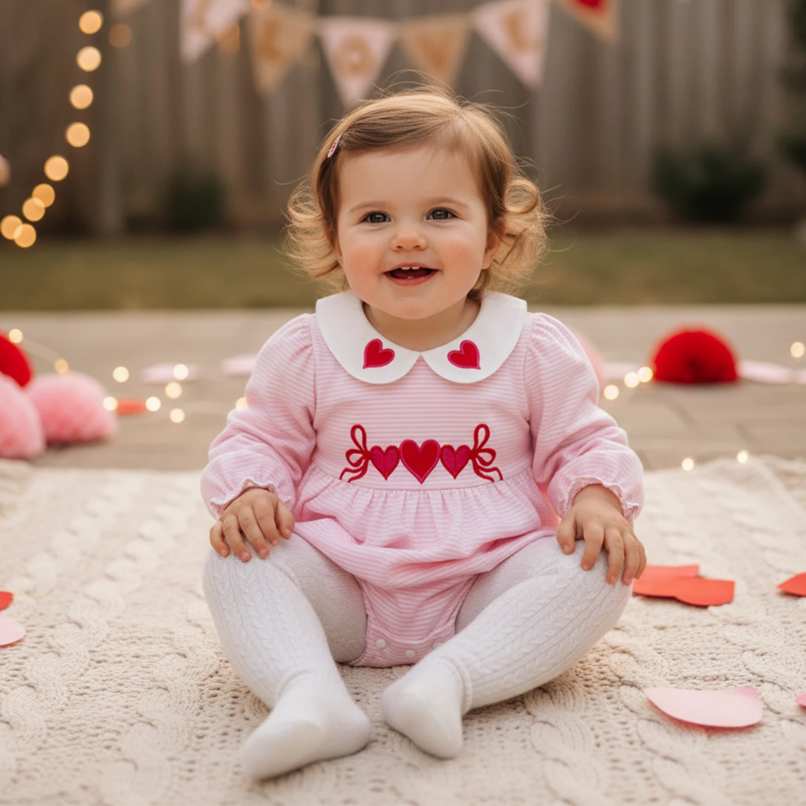 

Baby Clothing Girls Valentines Striped Romper Cute Heart Embroidery Doll Collar Long Sleeve Striped Jumpsuit Newborn Clothes