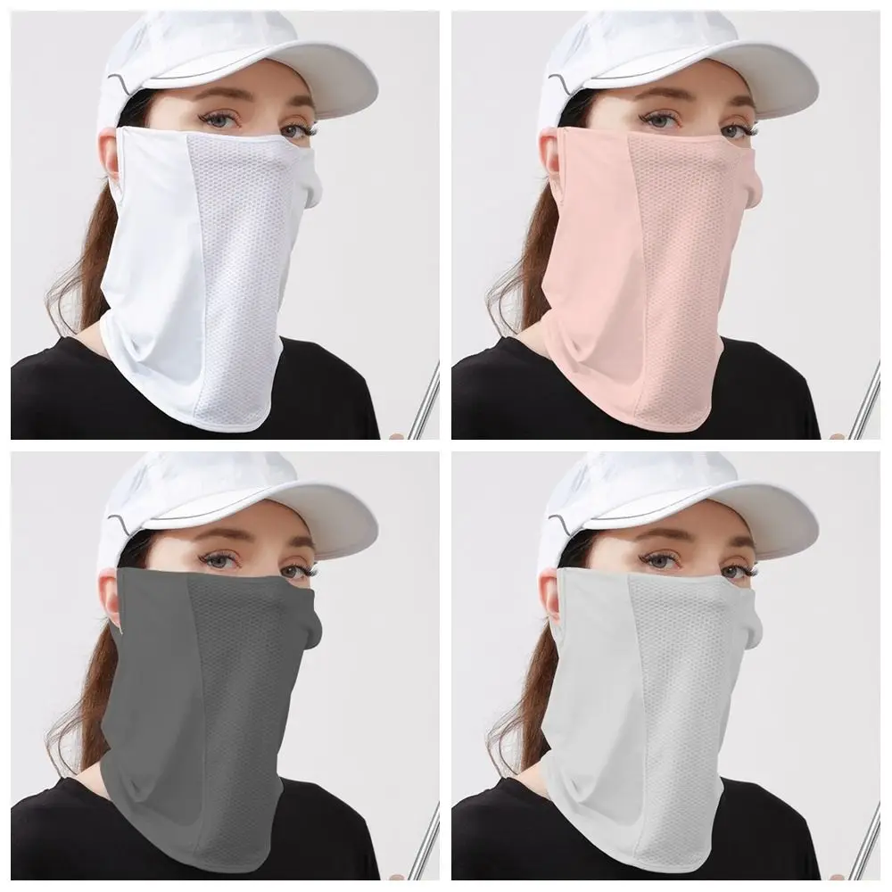 Summer UV Protection Ice Silk Mask Sun Proof Bib Solid Color Sunscreen Face Scarf Mesh Breathable Face Scarves Neck Wrap Cover