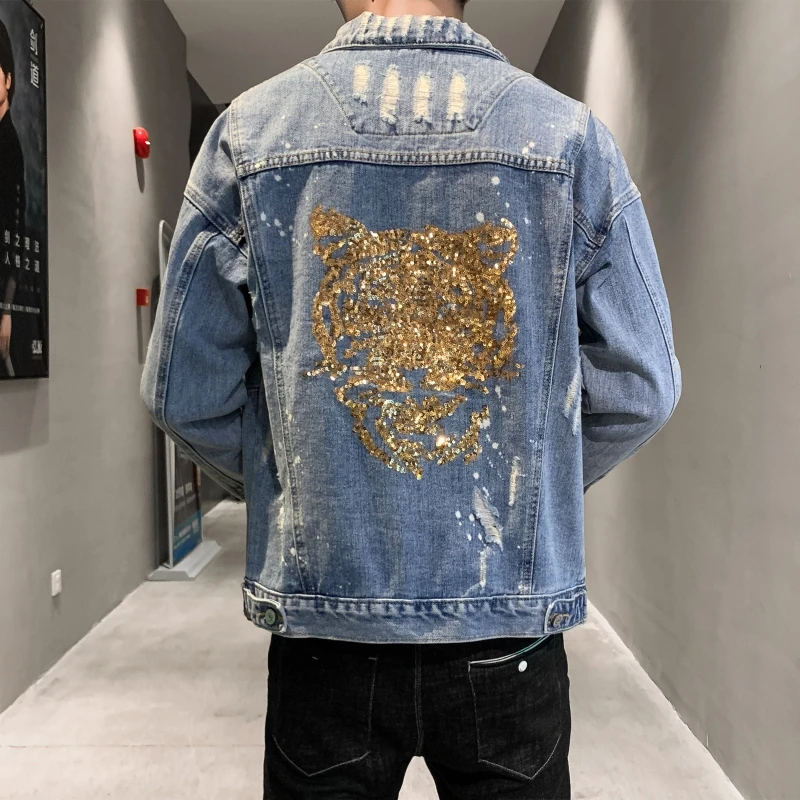 YASUGUOJI New 2024 Punk Style Fashion Golden Tiger Metal Patchwork Jean Jacket Men Denim Jackets Streetwear Hole Male Jacket