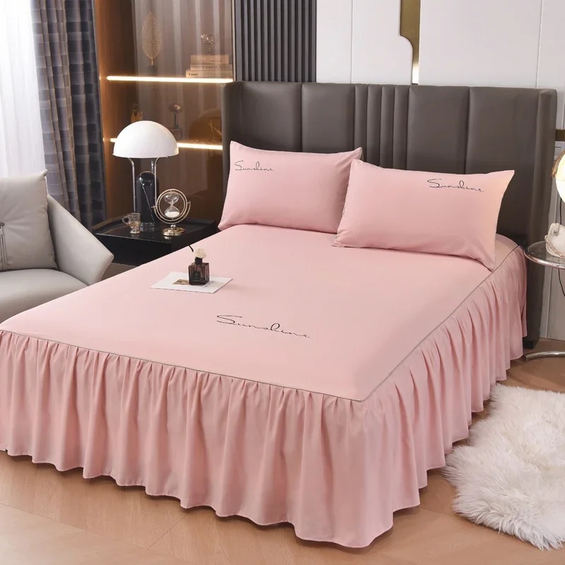 Pink Embroidered Bed Skirt for Bed Wrap Around Luxury Bedding Skirt Decorative Dust Ruffle Bed Sheet Dustproof Soft Bedspread