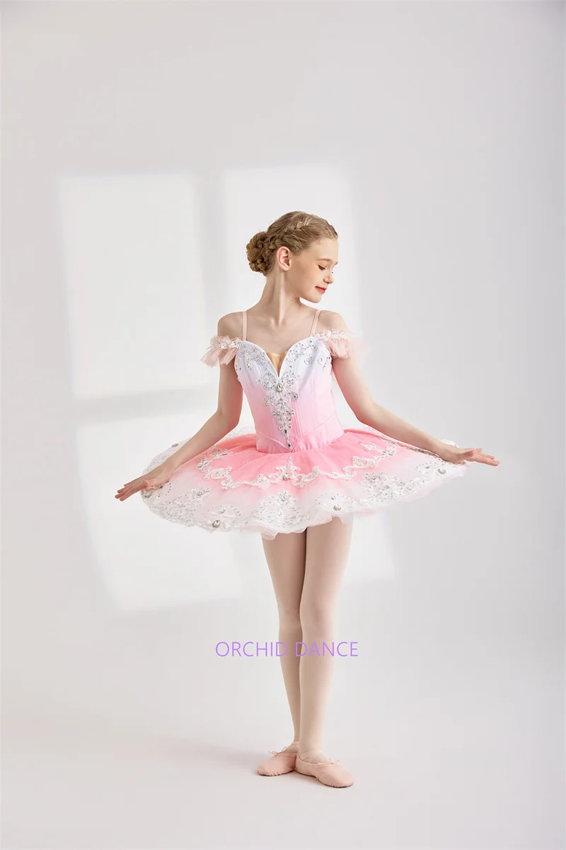 Womens Light Pink Lace Flutter Sleeve V Neck Ballet Tutu Dress Silver Rhinestone Scroll Embroidery Lace Trim Pink White Gradient