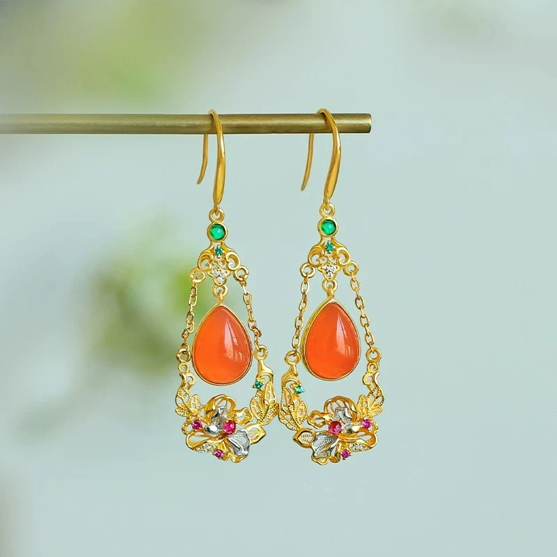 Natural Red Agate Drop Earrings, 925 Silver Gilded, Palace Style Chinese Vintage Dangle Earrings, Hollow Floral Design