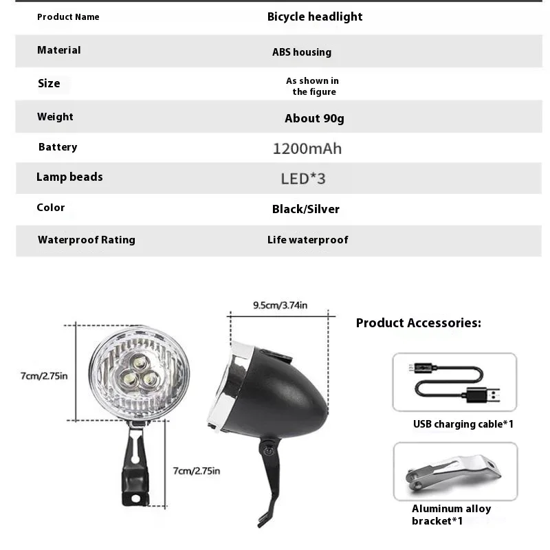 3 مصابيح LED كلاسيكية للدراجة، 3 أوضاع إضاءة، ضوء أمامي من النوع C، شحن كلاسيكي، كشافات أمامية للدراجات، ملحقات ركوب الدراجات #6