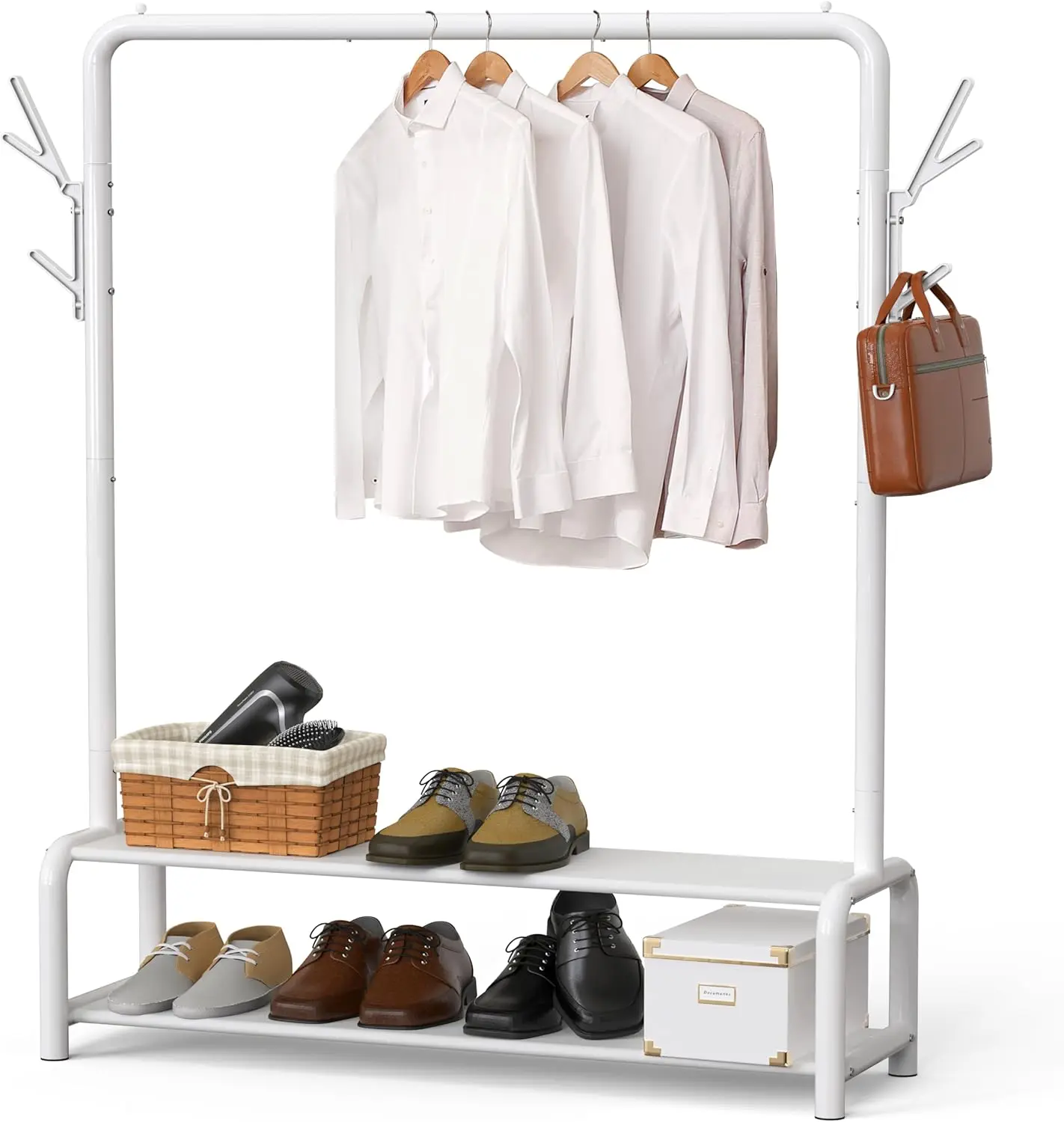 

52-Inch Freestanding Closet Garment Rack with Storage Shelves and Coat/Hat Hooks, White