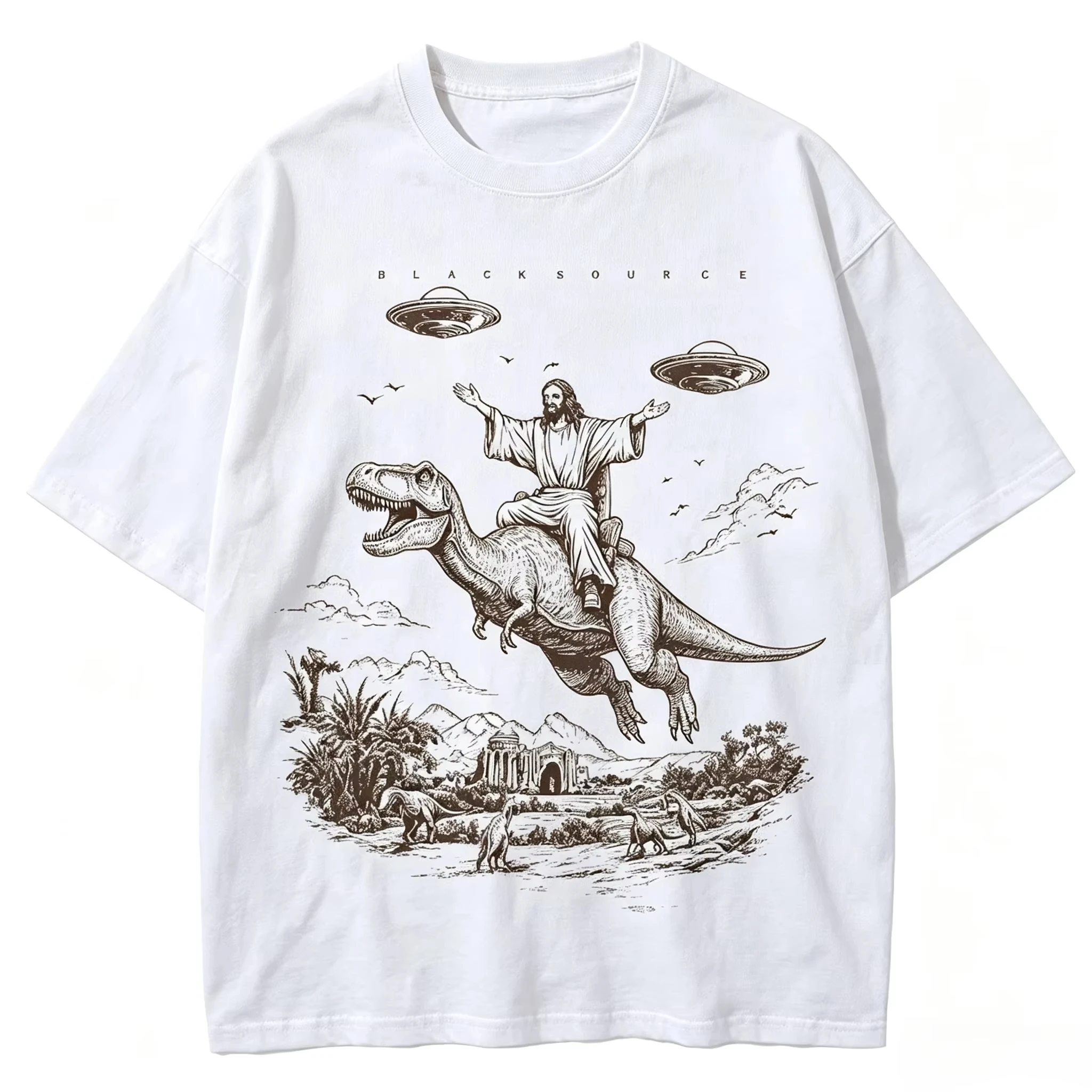 2026 Men's Oversized T Shirt Vintage Dinosaur UFO Sci-Fi Scene Graphic Print Short Sleeve Cotton Unisex Tee