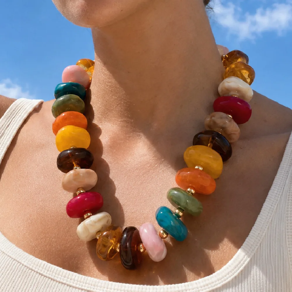 KunJoe 12 Colors Y2K Chunky Colorful Resin Acrylic CCB Bead Necklace Women Bohemia Trendy Clavicle Chain Charm Jewelry Accessory