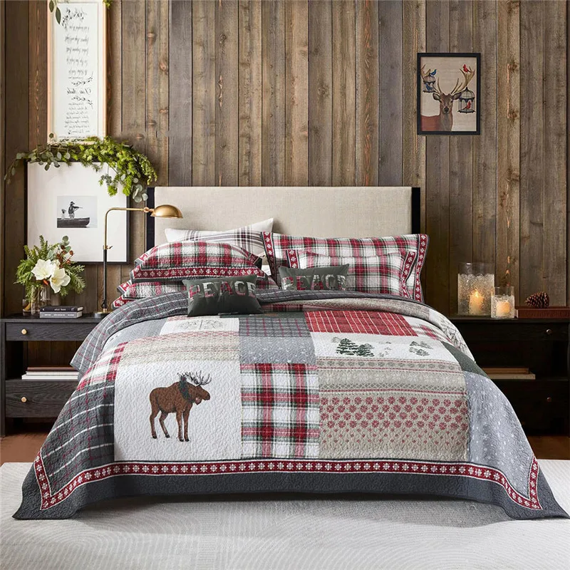 Patchwork Cotton Quilt Set, Bedspread on the Bed, Linen Quilted Blanket, Plaid Padded Bed Cover, Home Christmas Decoration, 3Pcs