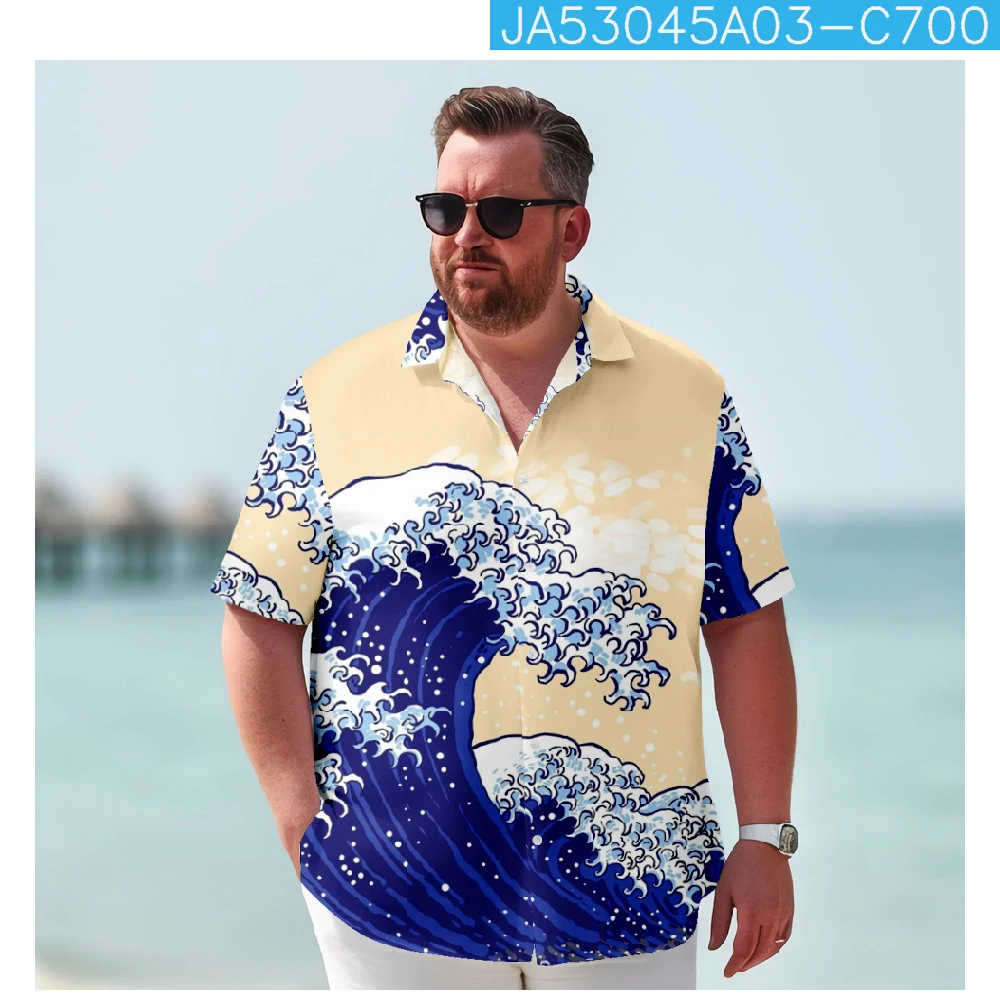 

Men Clothing Waves Print Blouse Summer Vintage Short Sleeve Hawaiian Shirt Fast Drying Casual Beach Shirts Tops