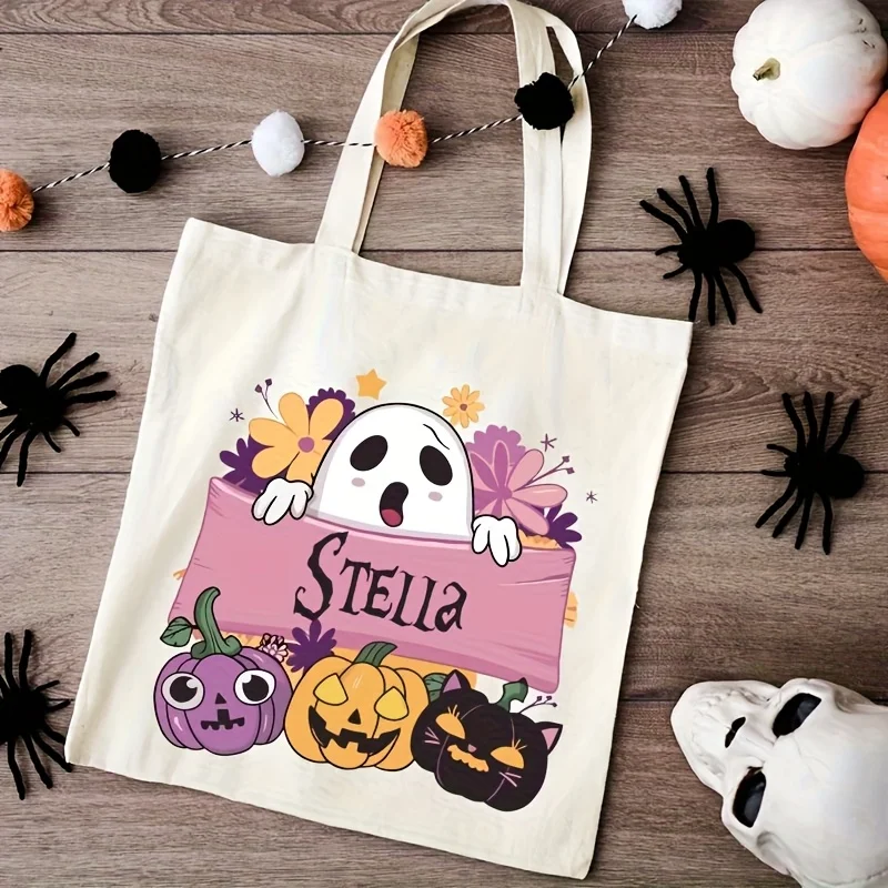 Personalized Name Halloween Canvas Tote Bag Cute Ghost Pumpkin Floral Print Reusable Shopping Shoulder Handbag