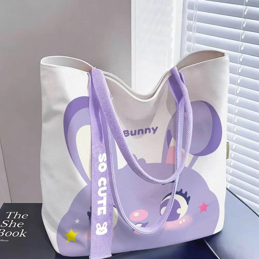 Durable Rabbit Print Canvas Bag Large Capacity Reusable Shoulder Bag Versatile Lightweight Lunch Bag Women's Accessories