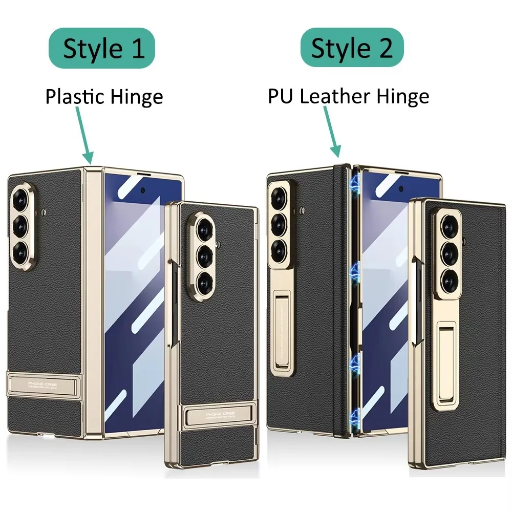 Phone case For Samsung Galaxy Fold 7 Electroplated Vegan Leather Stand Mechanical Adjustable Stand Business Phone Case