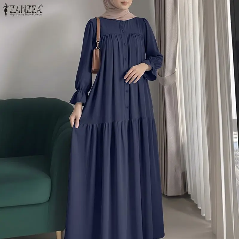 

Eid Mubarek Muslim Dress Abaya ZANZEA Women Long Sleeve Kaftan O Neck Buttons -Up Sundress Maxi Long Vestidos IsIamic Robe Femme