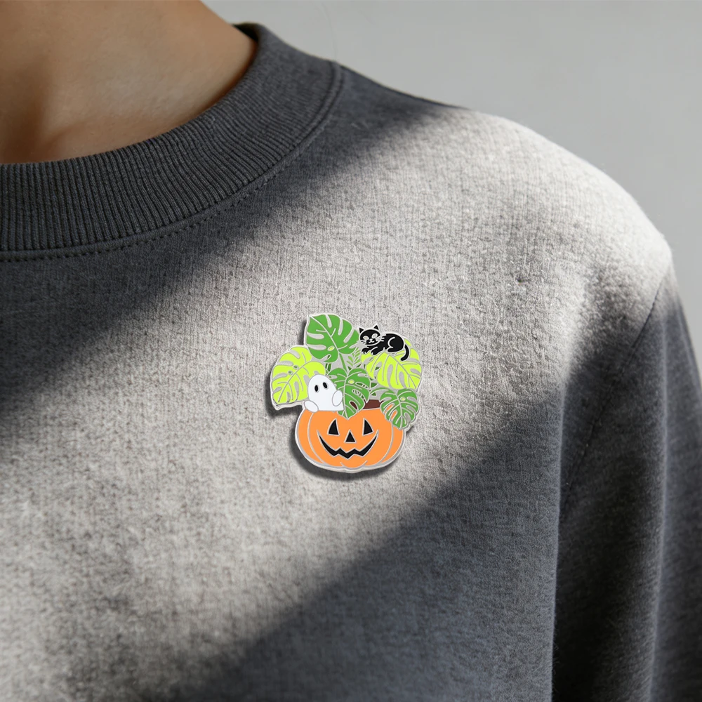 Halloween Pflanzendekor Emaille-Pin Kürbis Jack Gruseliger Monstera Pflanzentopf Brosche Geist Schwarze Katze Abzeichen Geschenk Accessoire – Detail 7