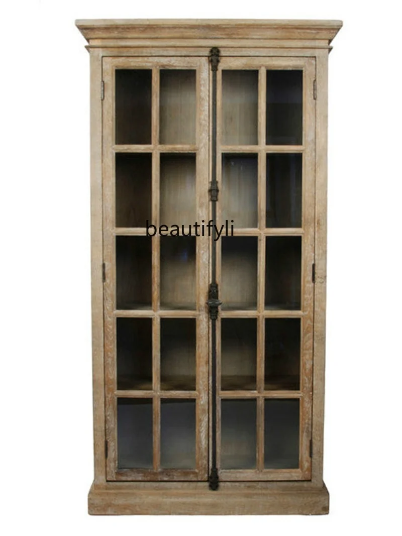 

American-Style Solid Wood Bookcase French Retro Locker Villa Glass Door Bookcase